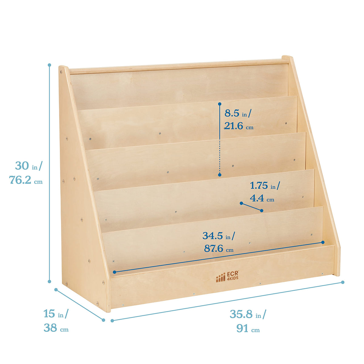 Single Sided Wooden Book Display Shelf for Kids Classroom, 5 Shelves