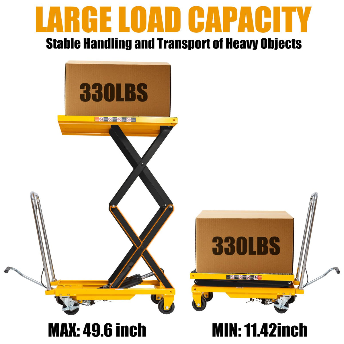 Hydraulic lift table cart 330 lbs 49.6 in max lift double scissor 4 wheels non slip pad for shop garage