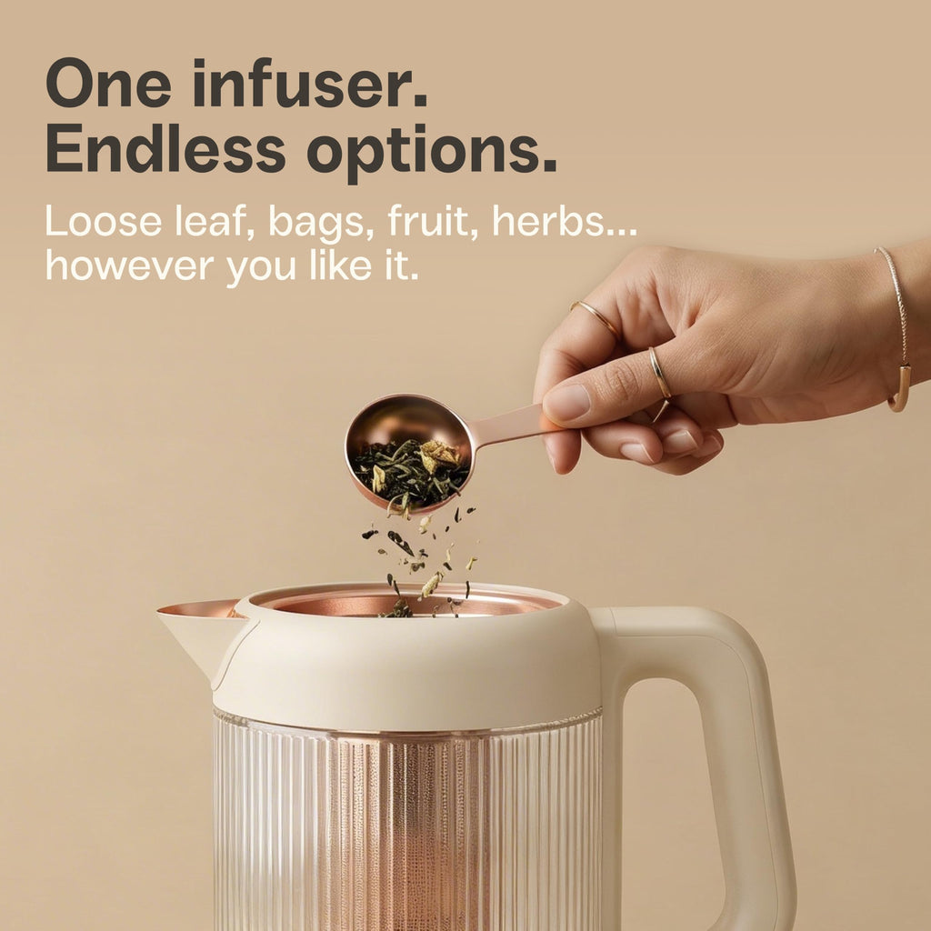 Nina electric tea kettle infuser 1.5L borosilicate glass 304 steel 4 temp presets no plastic contact beige