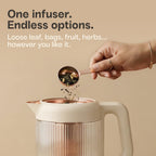 Nina electric tea kettle infuser 1.5L borosilicate glass 304 steel 4 temp presets no plastic contact beige