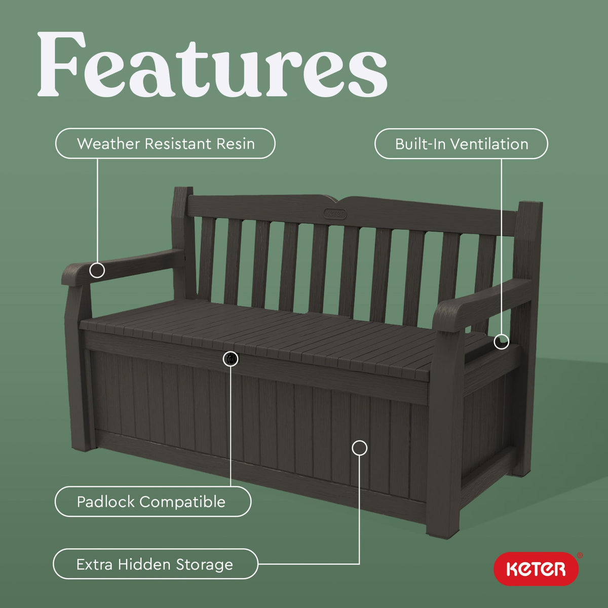 Solana 70 Gal Outdoor Storage Bench Waterproof Weather Resistant Patio Pool Accessories Deck Box
