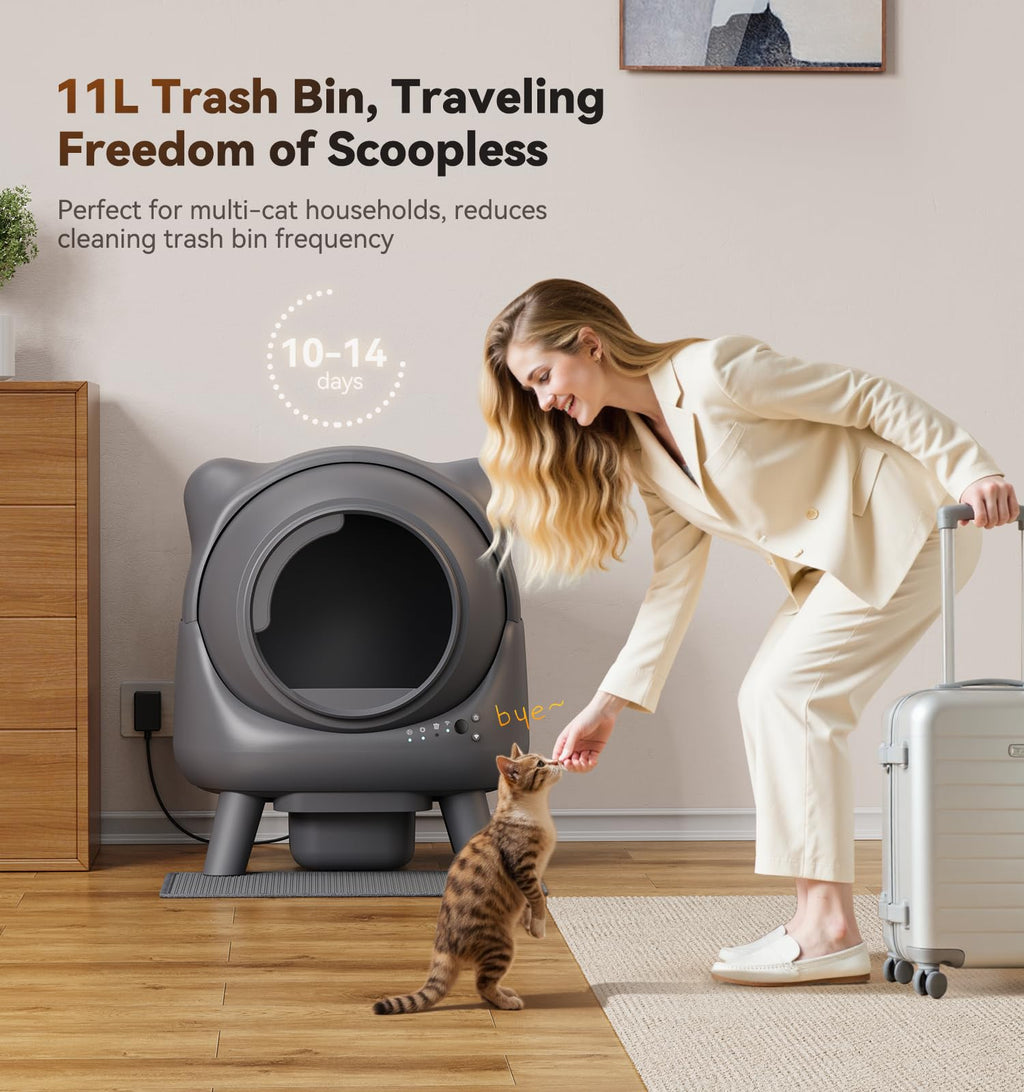 Auto Self Cleaning Litter Box Odor Control Robot Cat Ear 65L App Monitor Multi Cat Safety Sensor 1 Trash Bag
