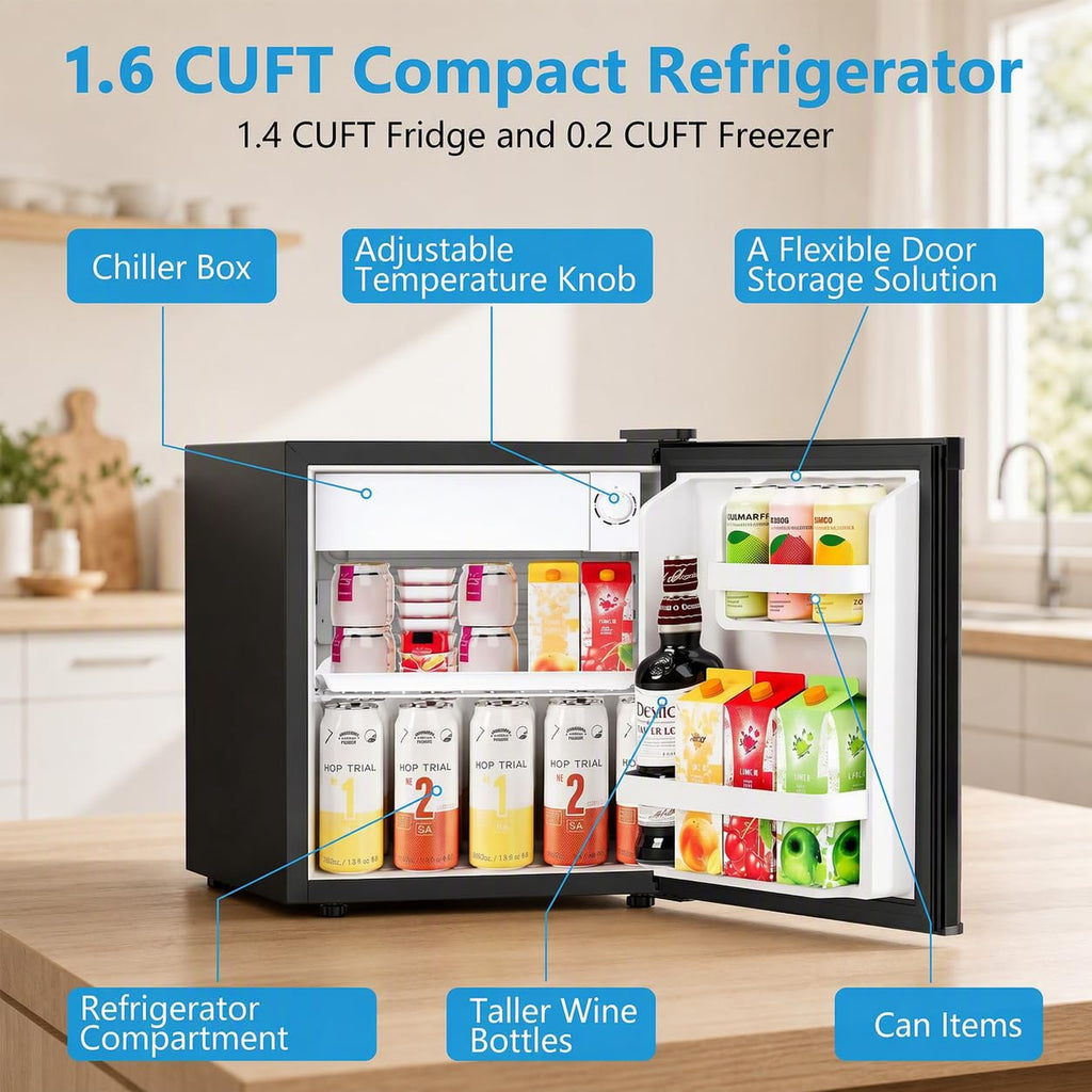 1.6 Cu Ft Small Refrigerator with 7 Level Adjustable Thermostat Silver Compact Mini Fridge for Home Dorm