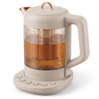 Nina electric tea kettle infuser 1.5L borosilicate glass 304 steel 4 temp presets no plastic contact beige