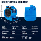 2200 CFM Half HP Commercial Air Mover Floor Drying Fan Heavy Duty Blower for Home and Commercial Use