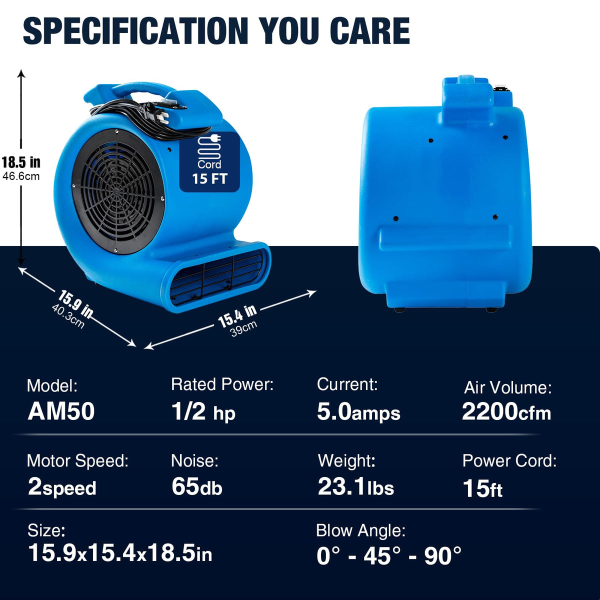 2200 CFM Half HP Commercial Air Mover Floor Drying Fan Heavy Duty Blower for Home and Commercial Use