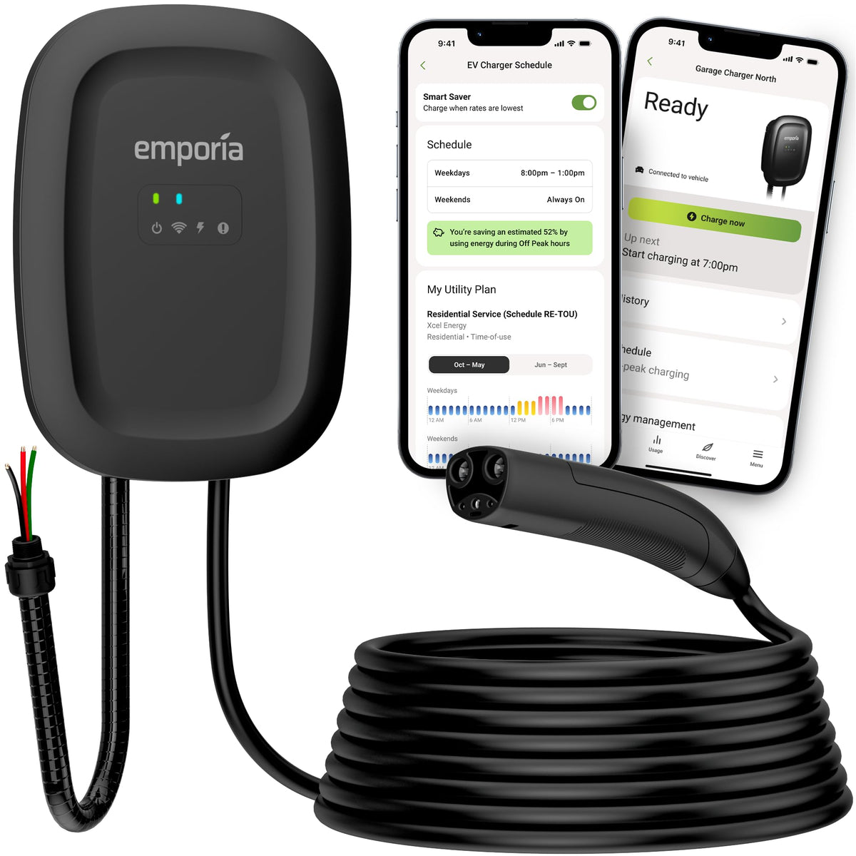 Level 2 EV Charger NACS Tesla Compatible 48 Amp Hardwired with Whip UL Energy Star WiFi EVSE 25ft Cable Black