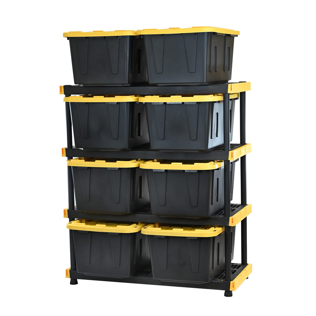 Heavy Duty 4 Tier Garage Storage Shelves with 8 Pack 27 Gallon Storage Bins and Lids Space Saving Organizer