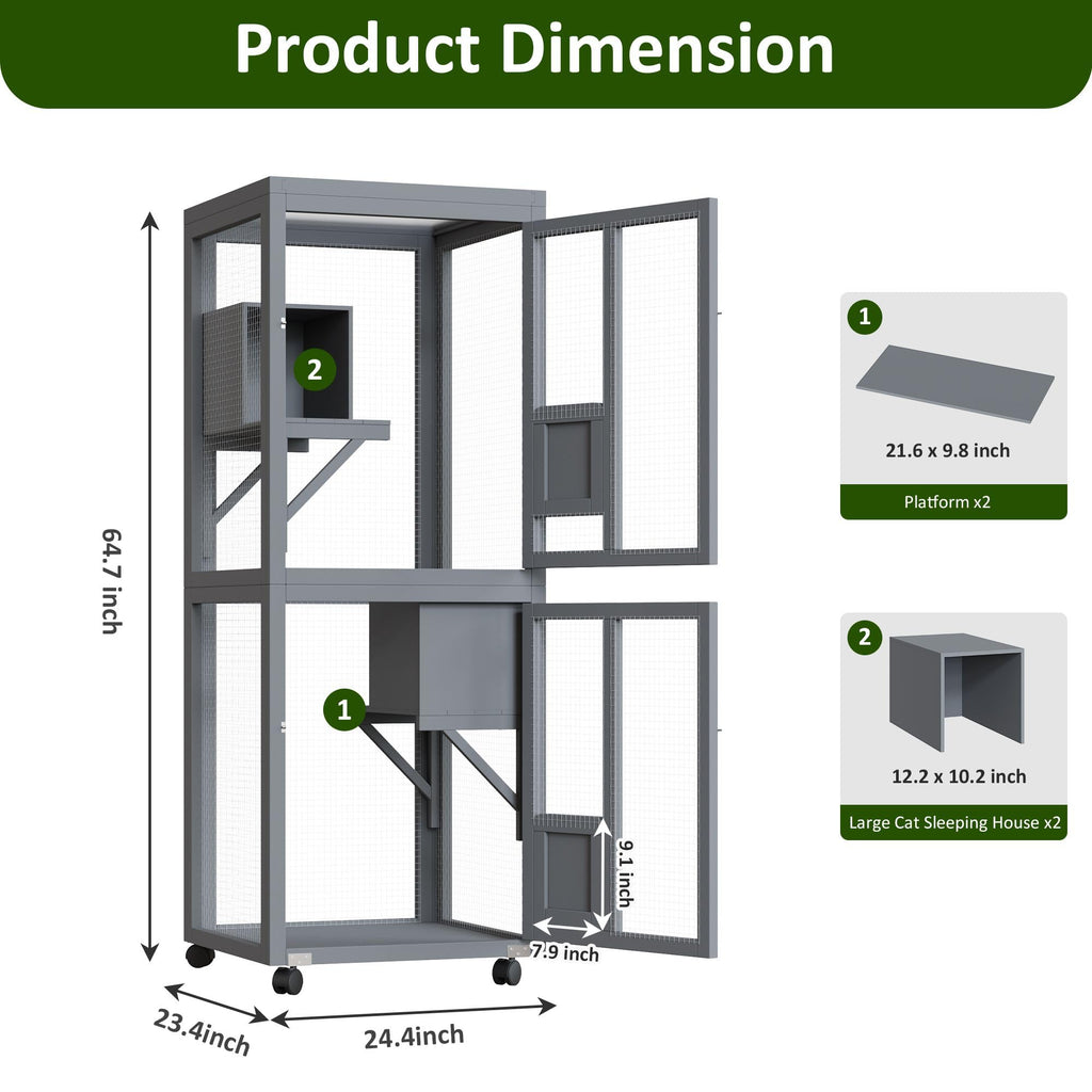 64Inch Outdoor Catio Cat Enclosure Large Cat House Cat Patio Grey for Backyard Garden and Patio