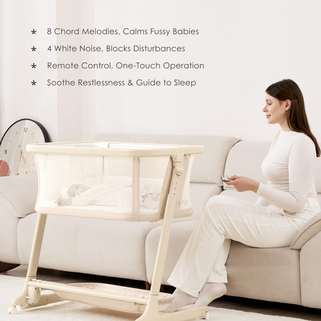 Electric Baby Bassinet Auto Rocking Bedside Sleeper 6 Heights Mattress Remote Control 5 Speeds 3 Timers Beige