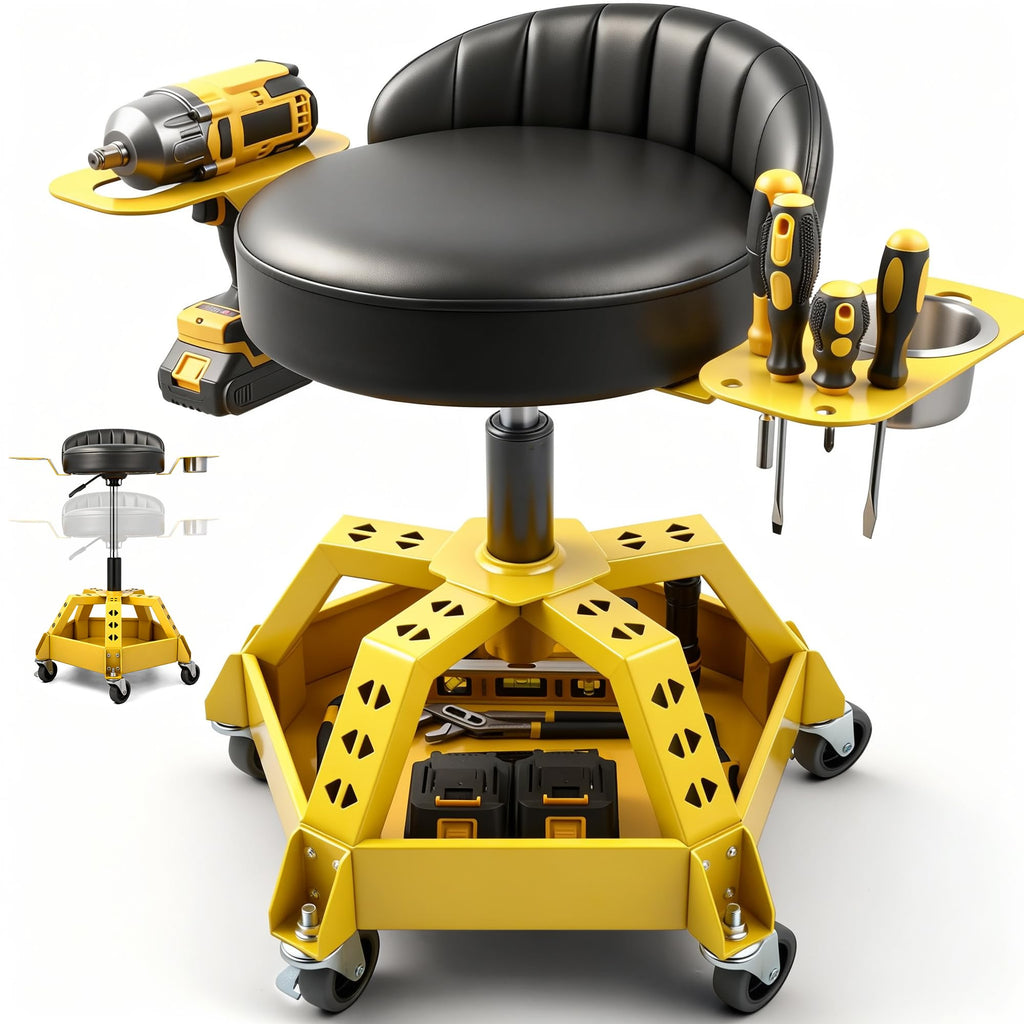 Rolling Shop Stool with Wheels Backrest Tool Tray 5 Wheel Anti Tip 22 to 26 Adjustable Height 330 lb Capacity