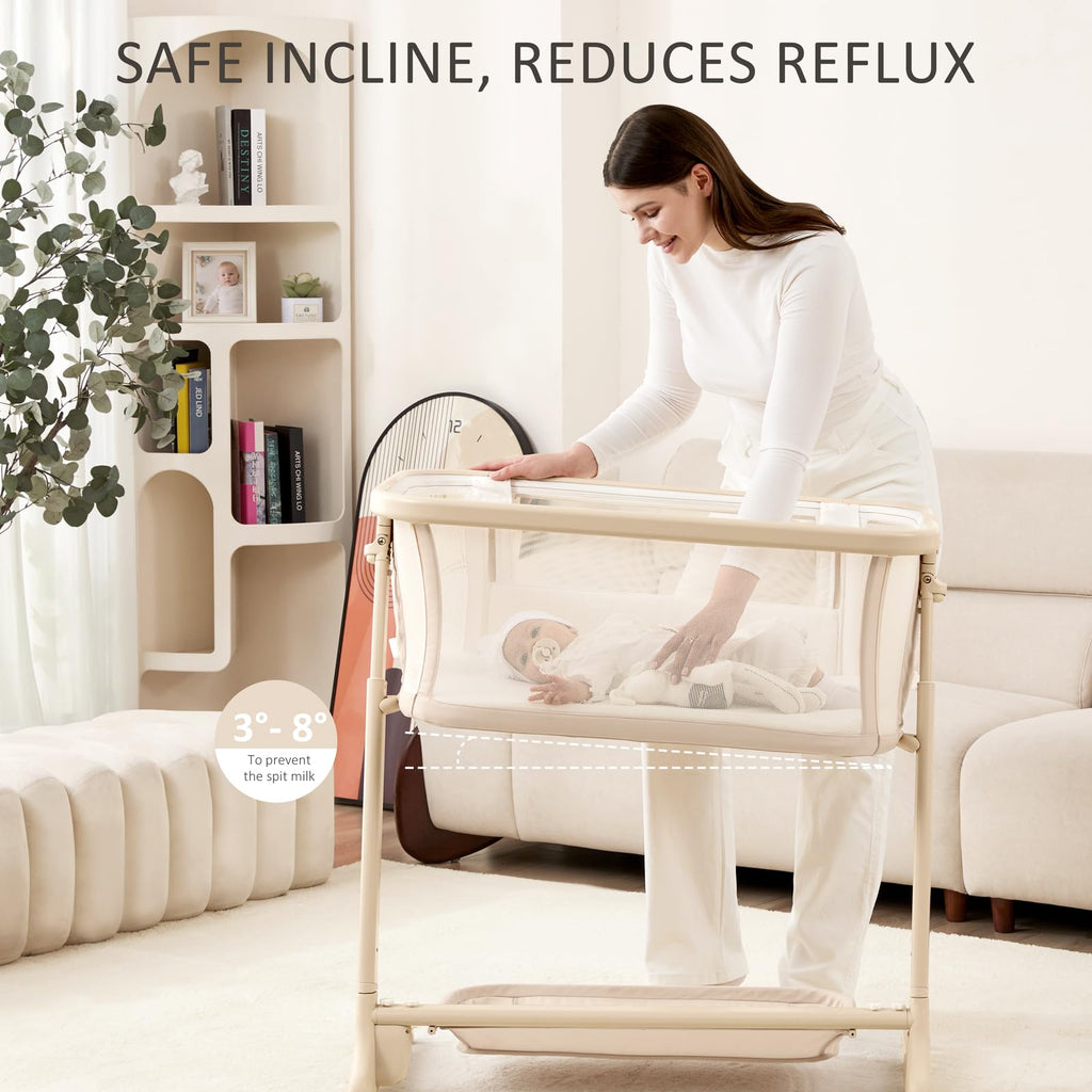 Electric Baby Bassinet Auto Rocking Bedside Sleeper 6 Heights Mattress Remote Control 5 Speeds 3 Timers Beige