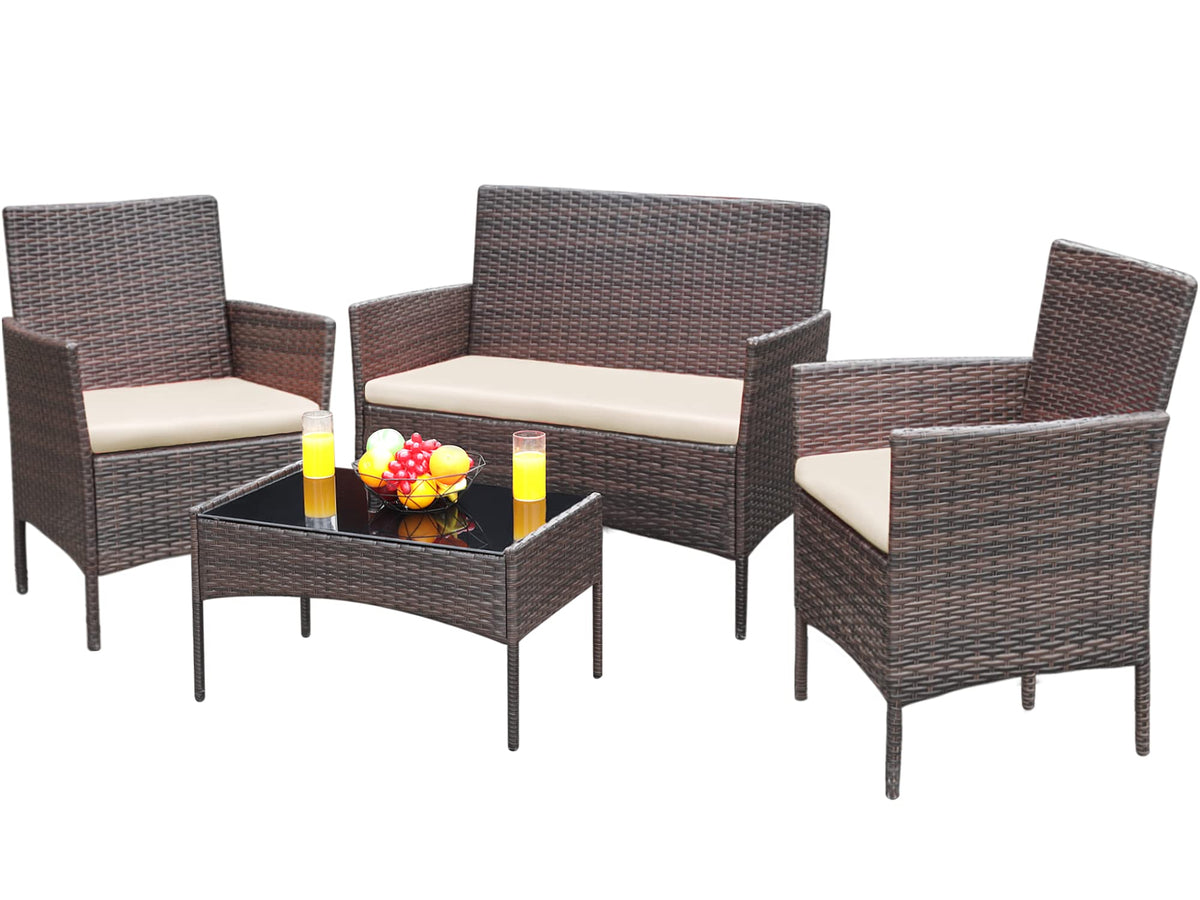 Patio furniture 4 pieces conversation set brown and beige outdoor sofa set for garden backyard