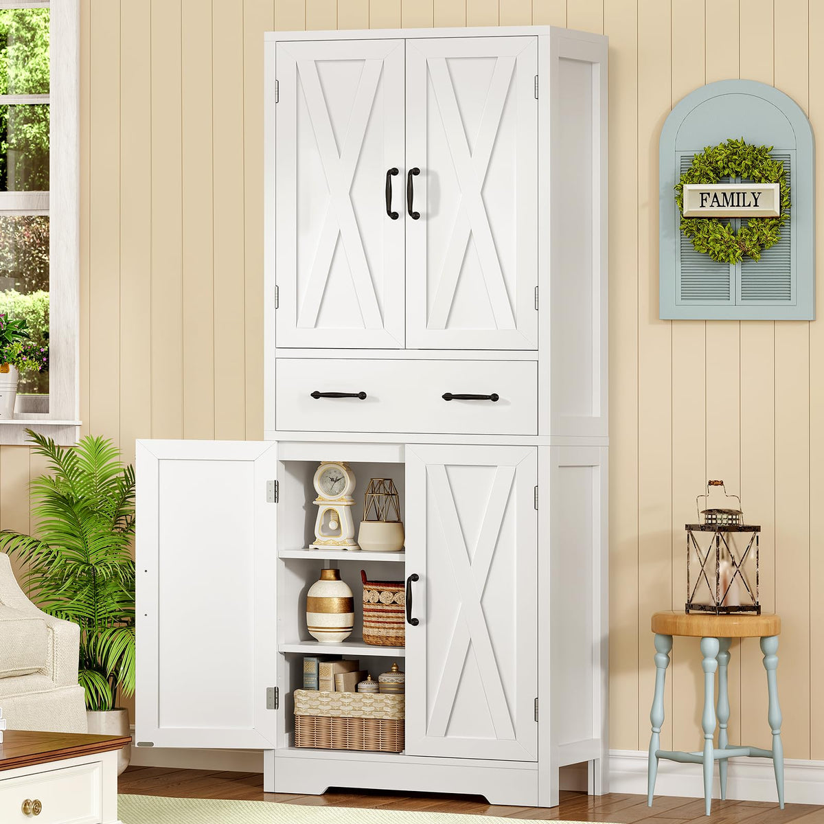 Storage Cabinet Pantry with 2 Adjustable Shelves Large Drawer 4 Doors Bathroom Kitchen Living Room White