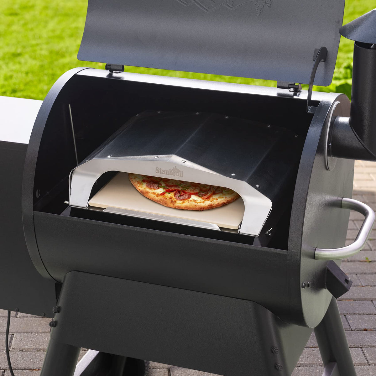 Pellet grill pizza oven attachment compatible with most pellet grills and smokers for outdoor cooking