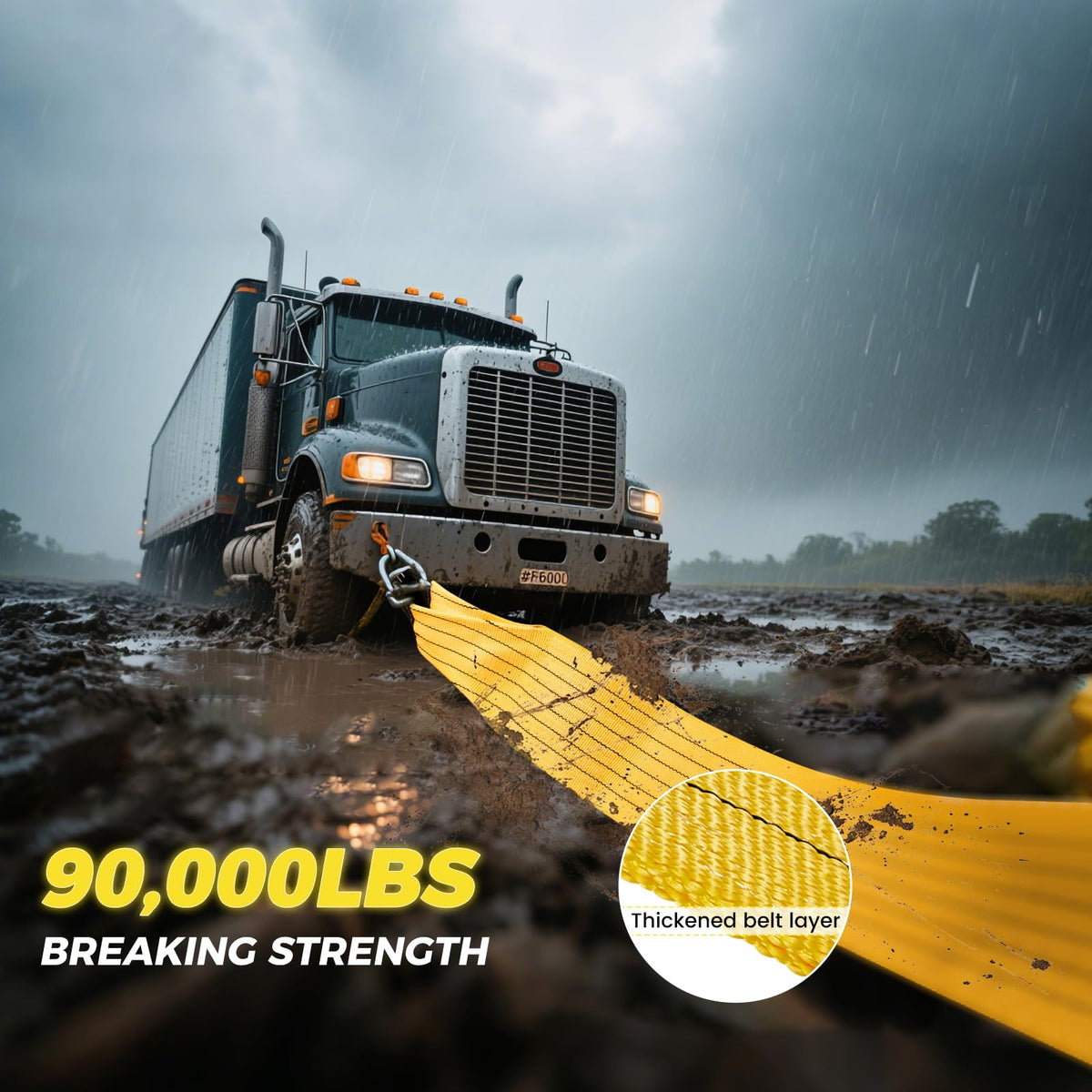 90000lb Heavy Duty Tow Strap 30ft x 7.1in Recovery Rope for Truck SUV RV Tractor 6m 50 Tons Break Strength