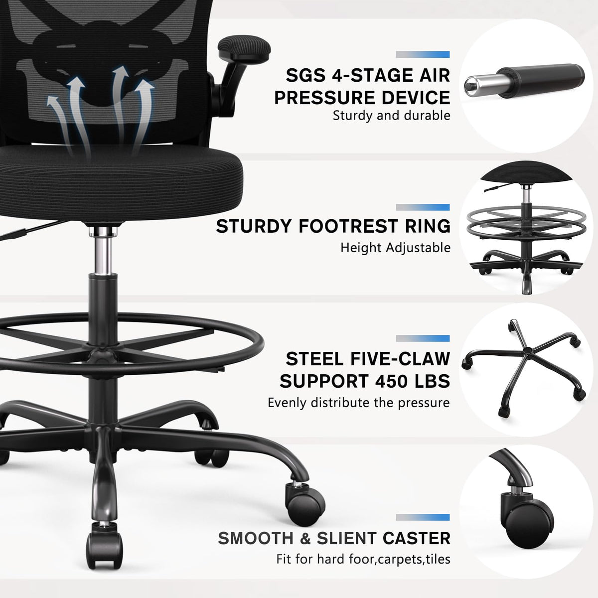 Standing Desk Drafting Chair with Footrest Ergonomic Mesh Lumbar Support Flip up Armrest Rolling Black