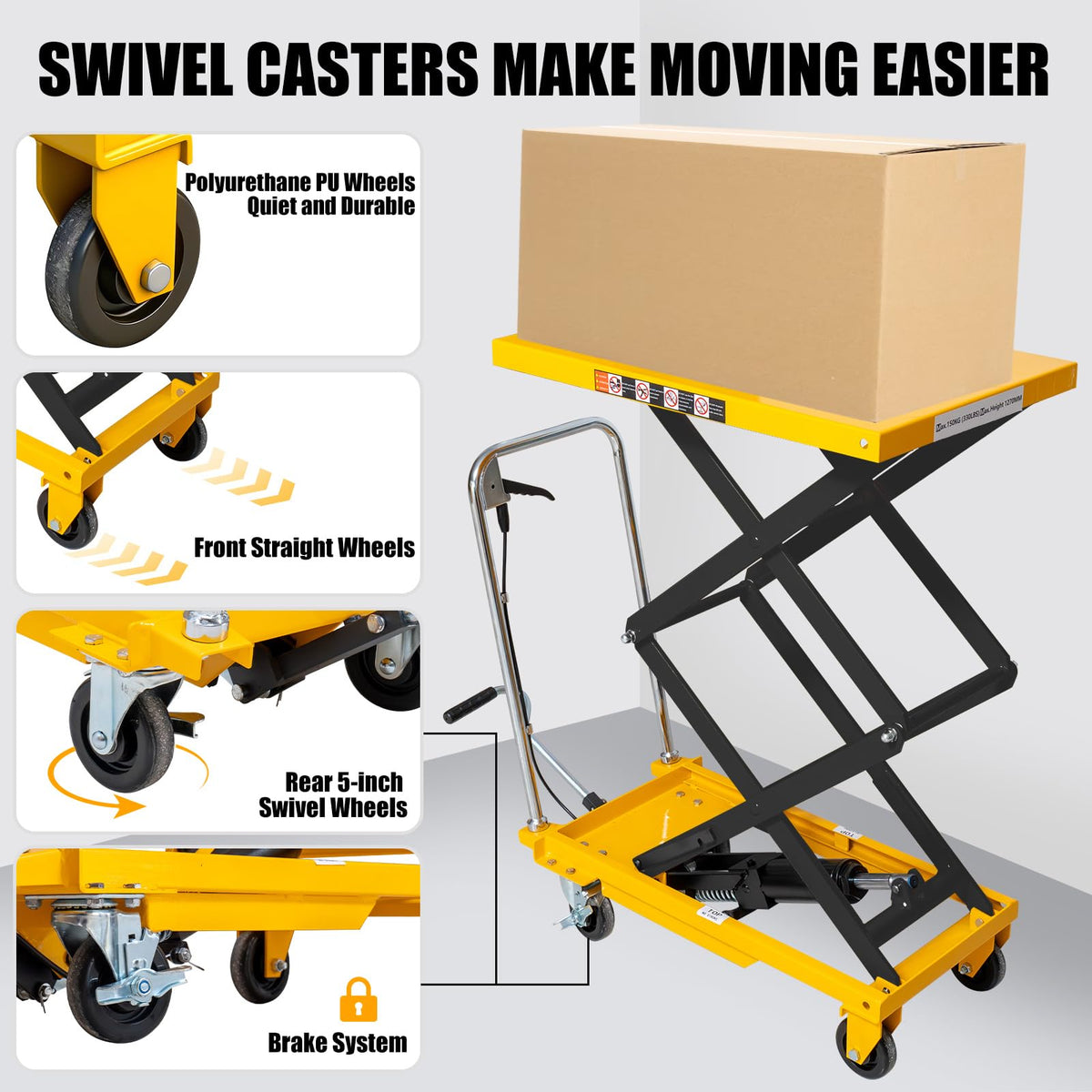 Hydraulic lift table cart 330 lbs 49.6 in max lift double scissor 4 wheels non slip pad for shop garage