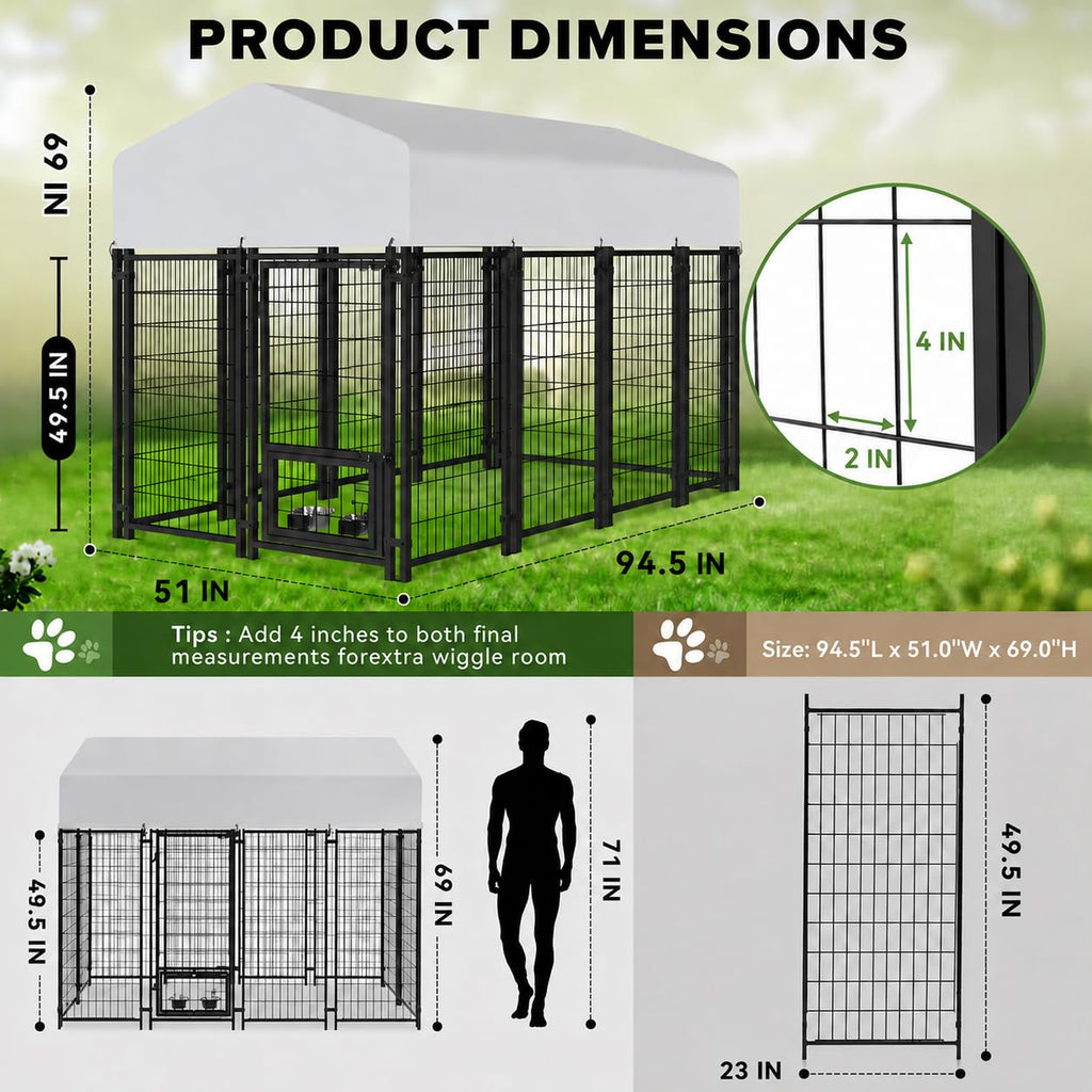 8x4x6 FT Outdoor Dog Kennel for Large Dogs with Silver Roof Heavy Duty Metal Pet Enclosure Exercise Run