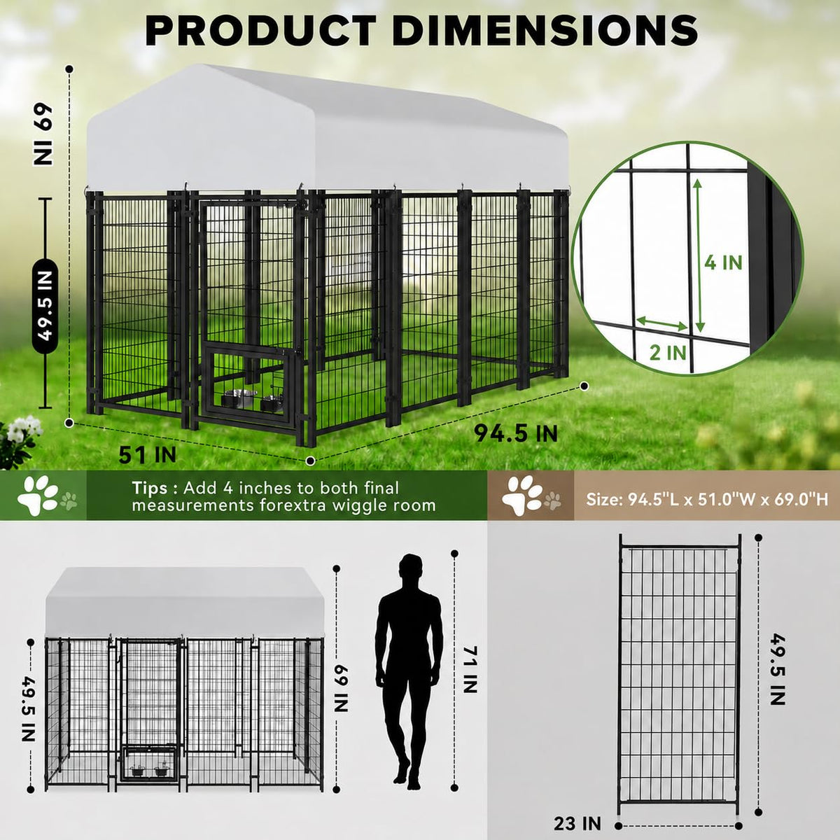 8x4x6 FT Outdoor Dog Kennel for Large Dogs with Silver Roof Heavy Duty Metal Pet Enclosure Exercise Run