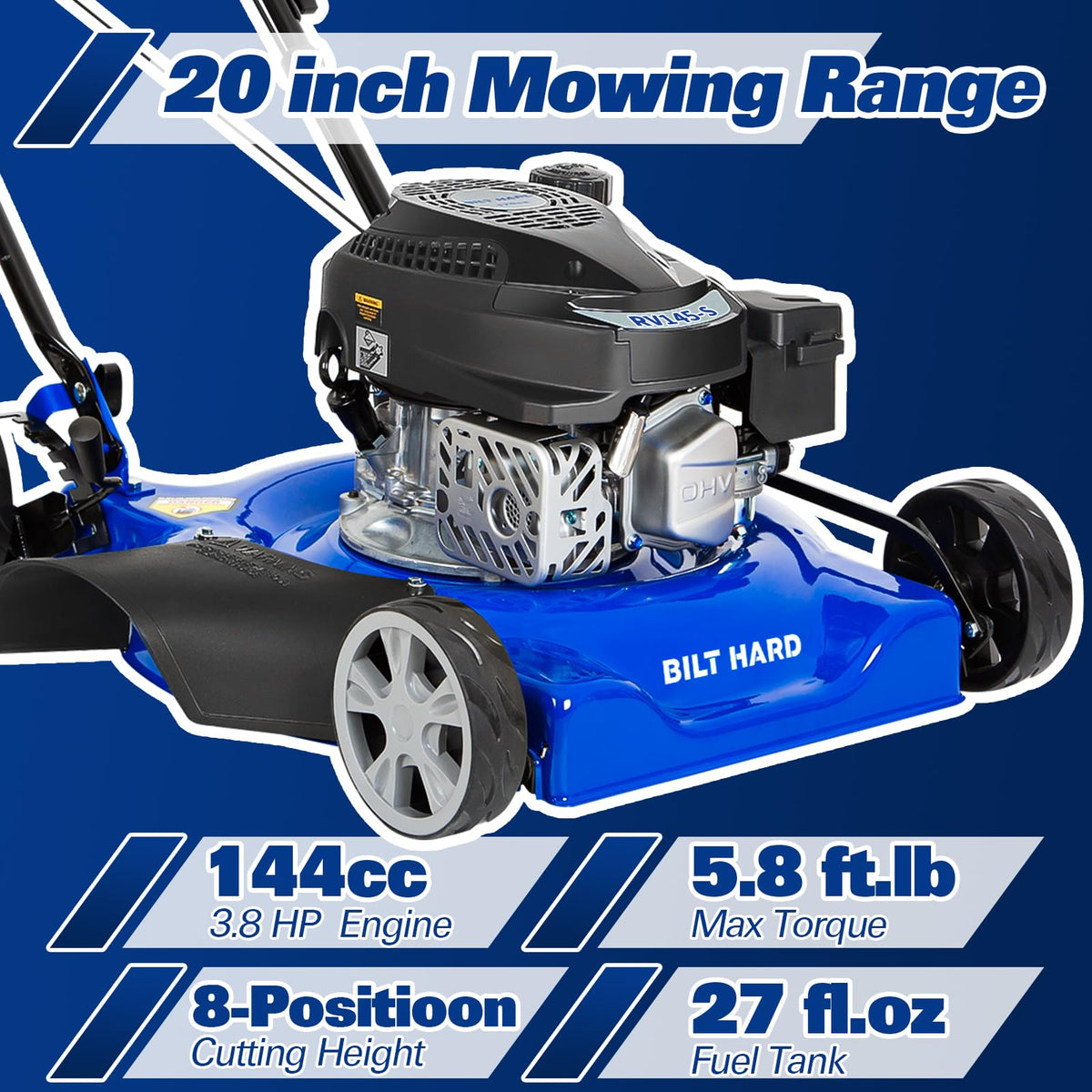 Gas Lawn Mower 20 Inch 144cc 4 Cycle OHV Engine 8 Adjustable Cutting Heights Push Mower for Lawn Yard Garden