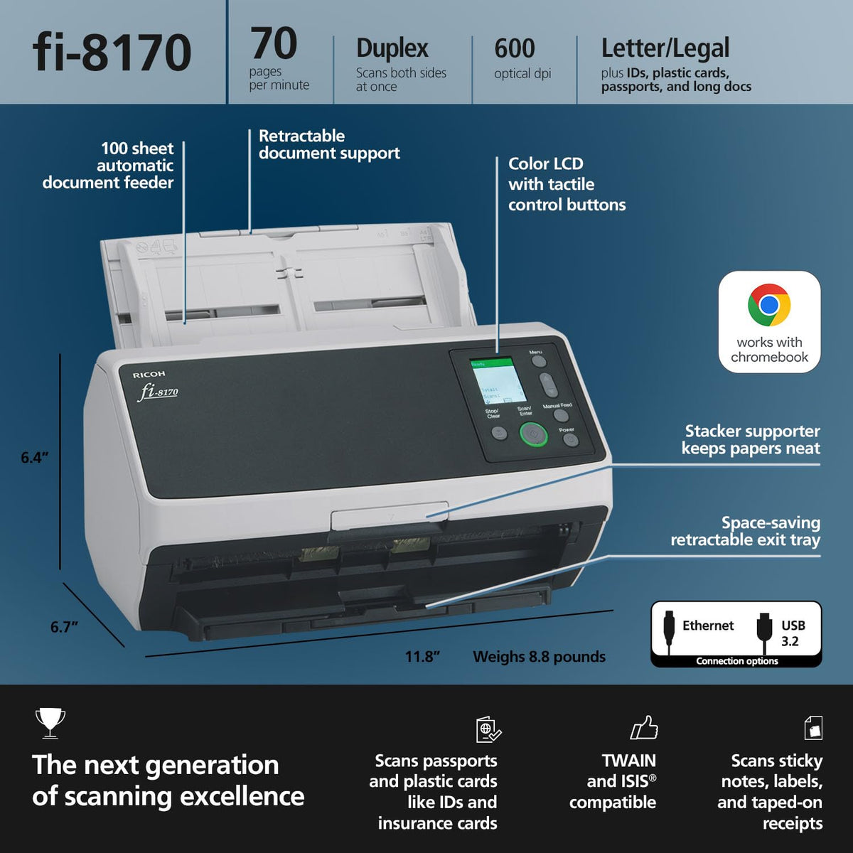 fi-8170 Professional High Speed Color Duplex Document Scanner with Auto Document Feeder for Office