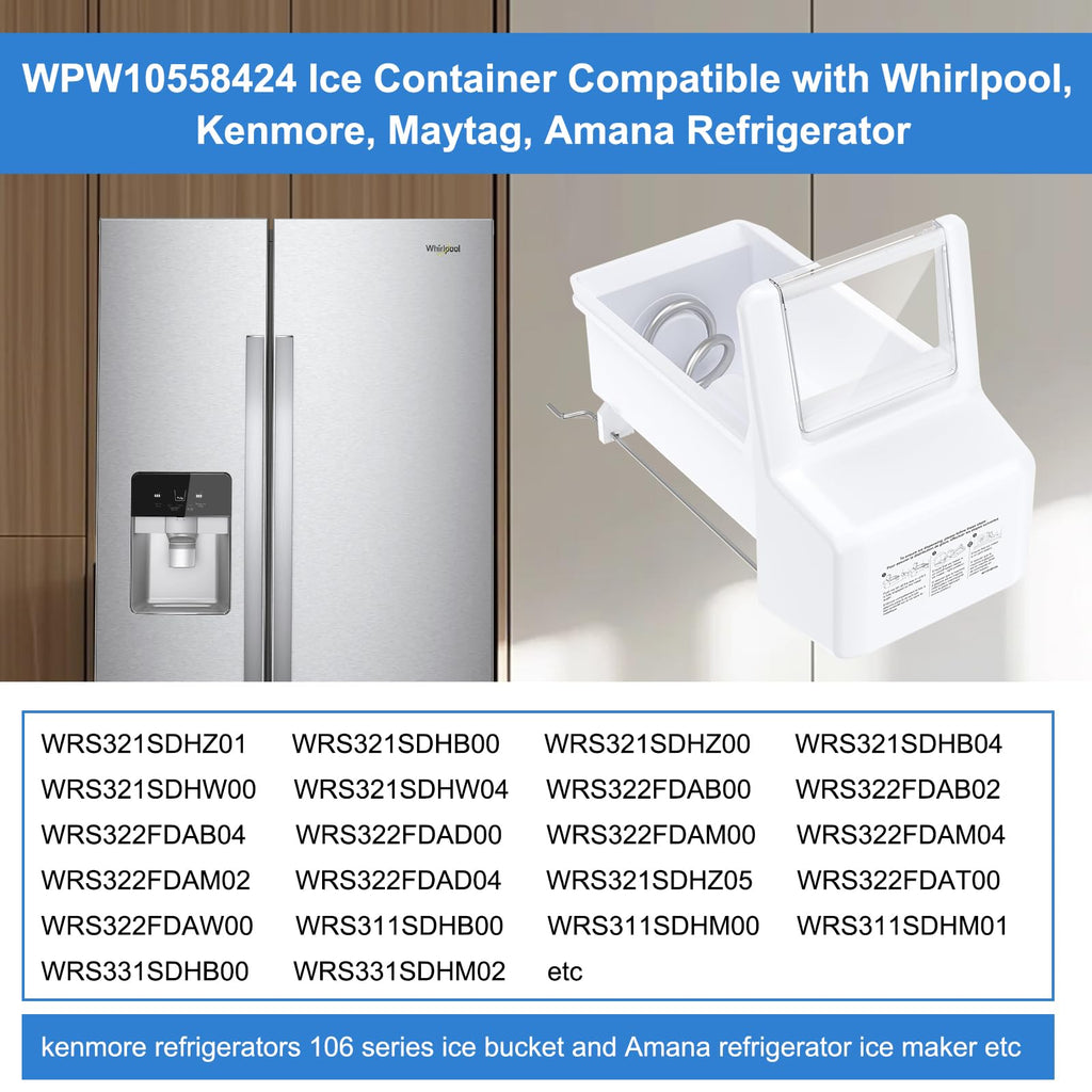 Upgraded WPW10558424 W10558424 WRS321SDHZ01 WRS321SDHZ05 WRS321SDHZ08 fridge ice bucket ice bin replacement