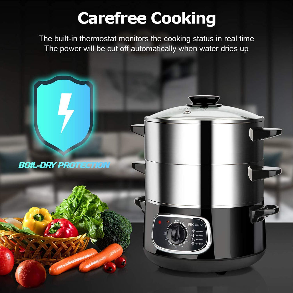 Stainless Steel Electric Food Steamer 8.5 Qt Glass Lid Double Tiered Stackable Baskets with Timer Model 2