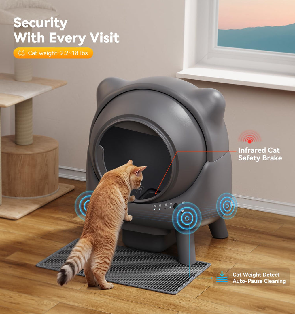 Auto Self Cleaning Litter Box Odor Control Robot Cat Ear 65L App Monitor Multi Cat Safety Sensor 1 Trash Bag
