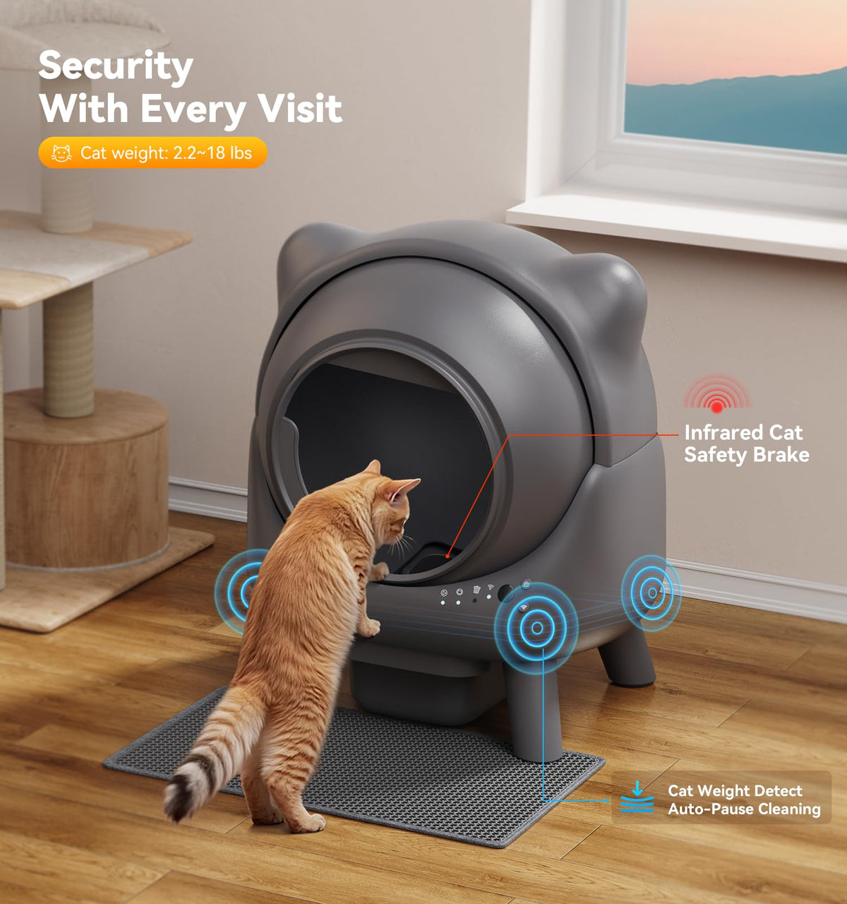 Auto Self Cleaning Litter Box Odor Control Robot Cat Ear 65L App Monitor Multi Cat Safety Sensor 1 Trash Bag
