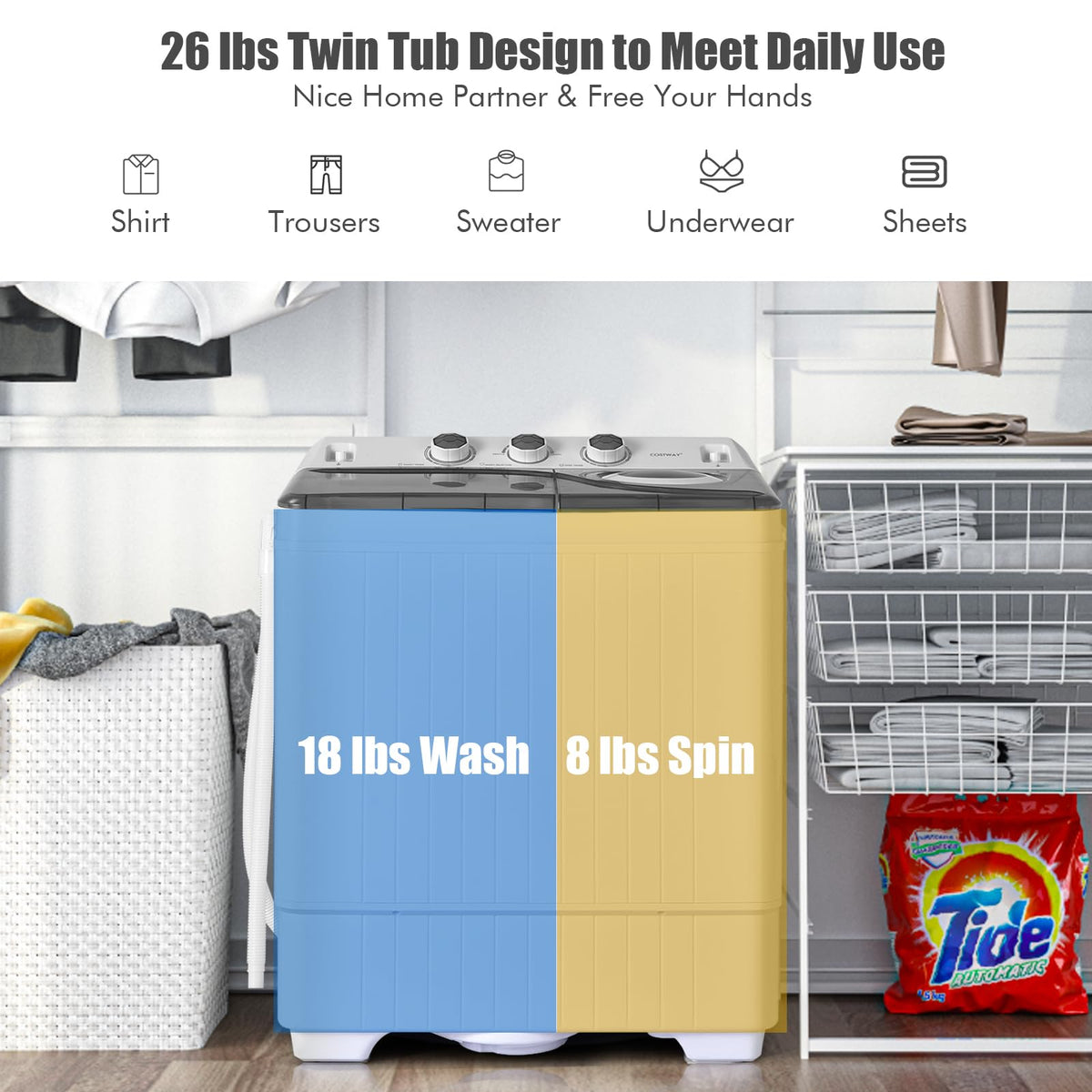 Portable Twin Tub Washing Machine 26lbs 18lbs Washer 8lbs Spinner Timer Knobs Drain Pump Compact Grey White