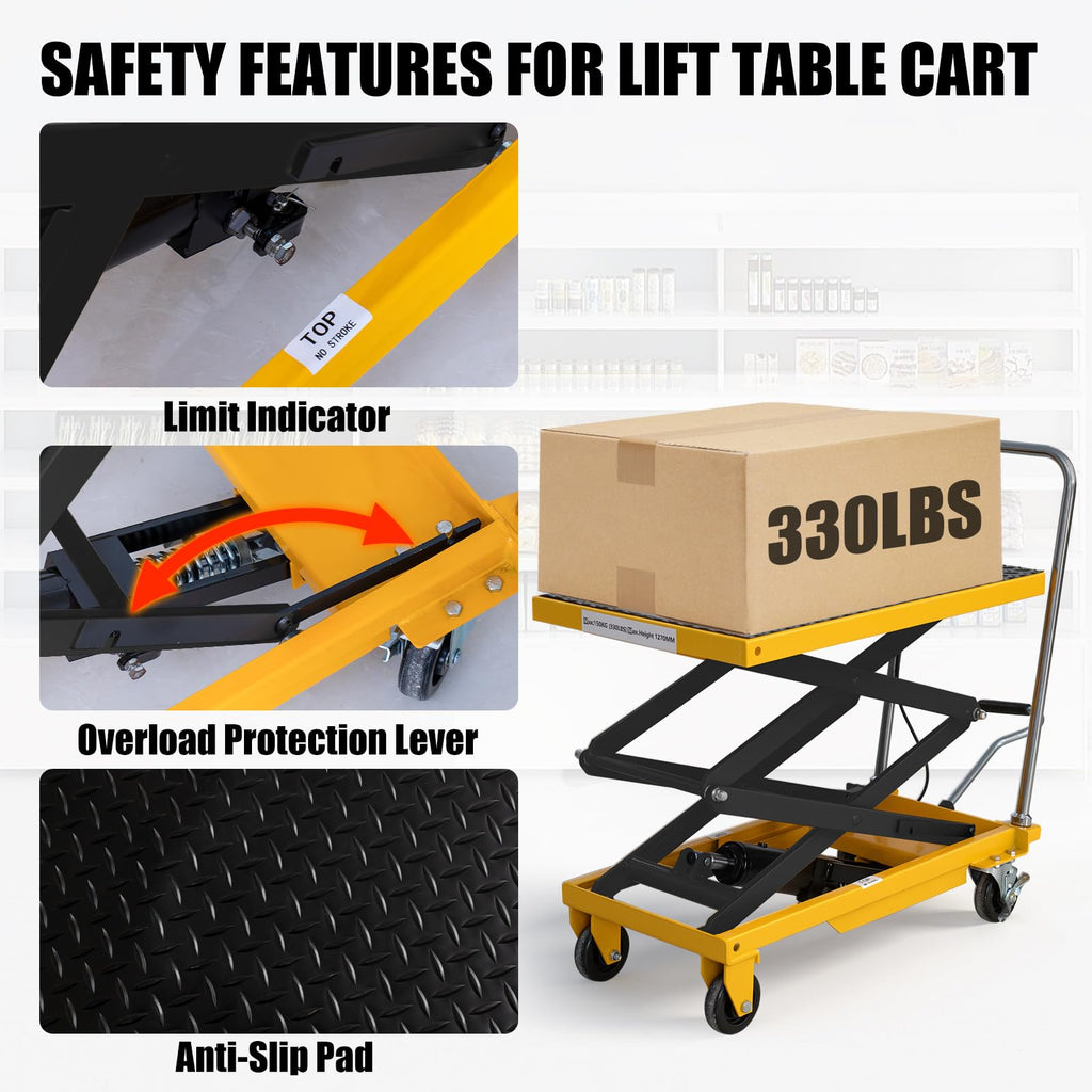 Hydraulic lift table cart 330 lbs 49.6 in max lift double scissor 4 wheels non slip pad for shop garage