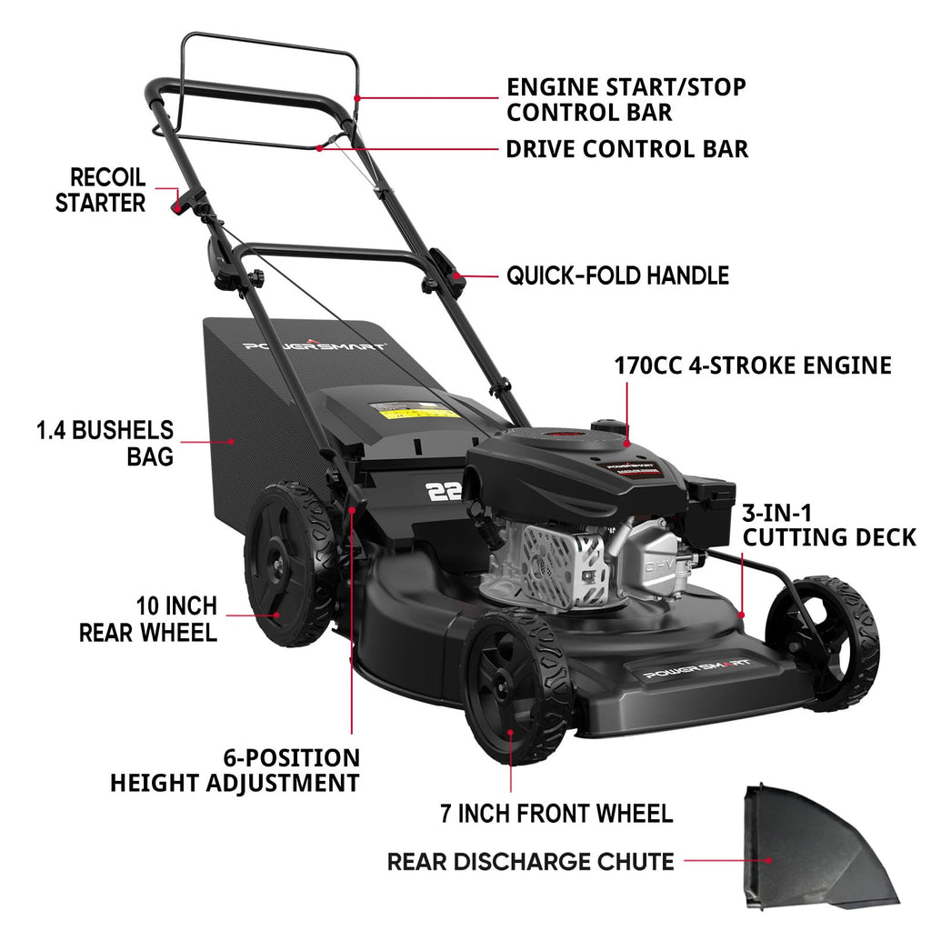 EasyDrive Pro 22 inch 170cc self propelled gas lawn mower walk behind design 22 inch cutting deck