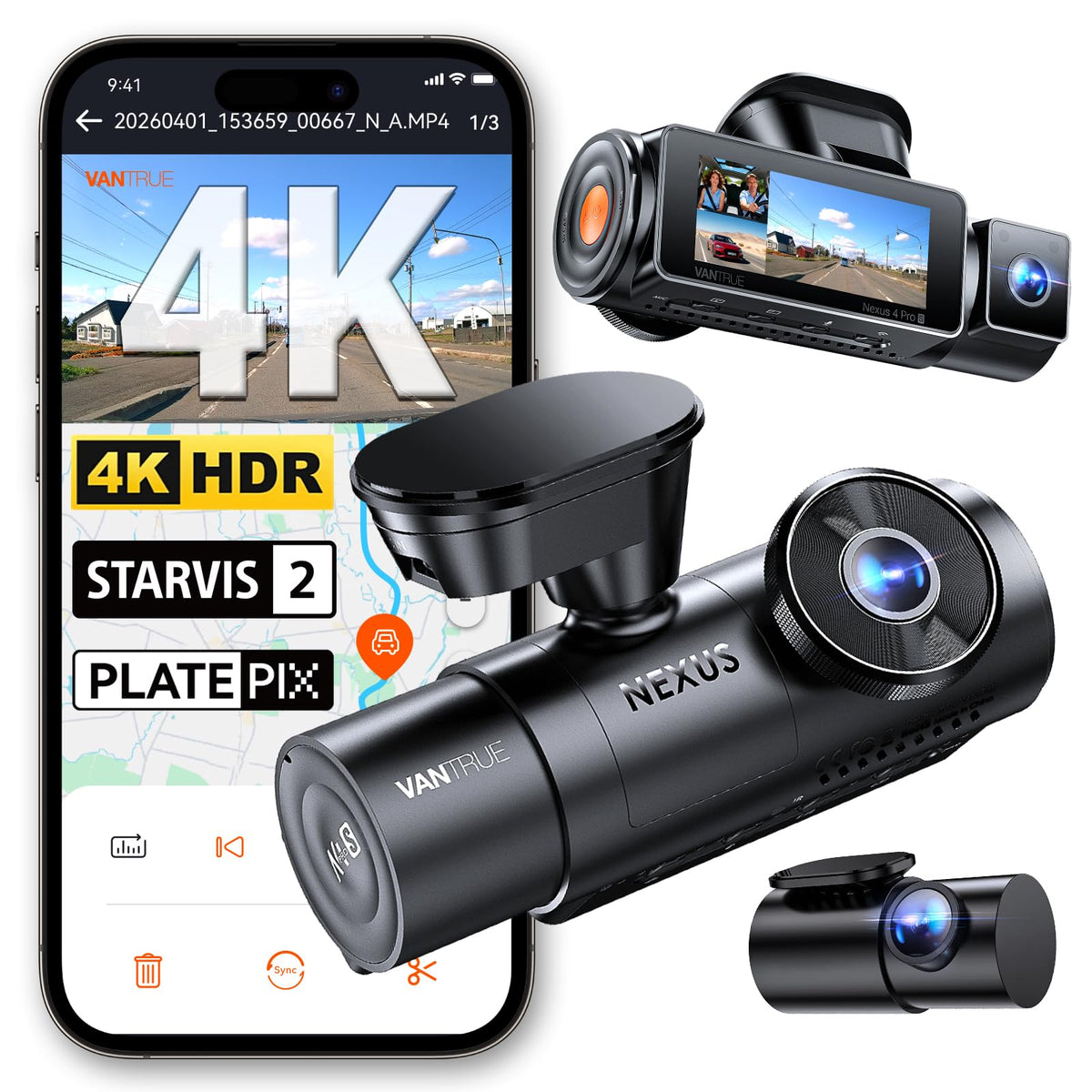 N4 Pro S 4K 3 Channel Dash Cam Triple STARVIS 2 HDR Car Camera with GPS WiFi Night Vision for Cars Trucks