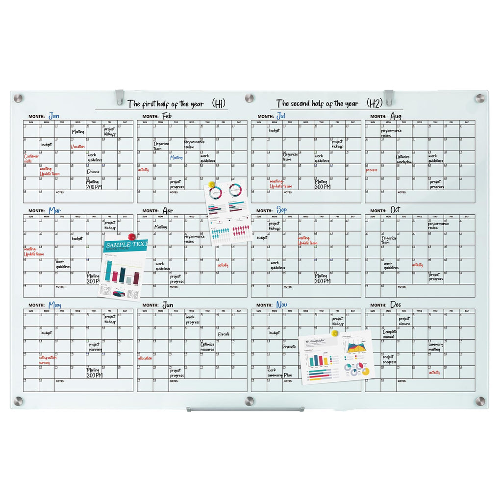 Glass Calendar Whiteboard 72 x 48 Inches Dry Erase Planner Board for Office Home School Use