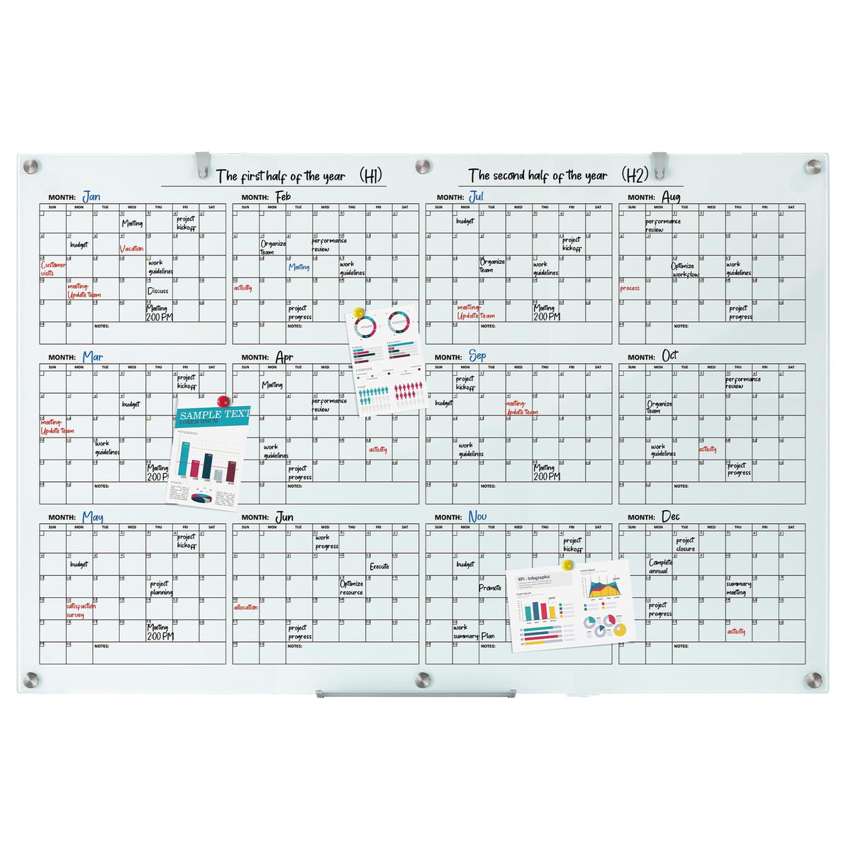 Glass Calendar Whiteboard 72 x 48 Inches Dry Erase Planner Board for Office Home School Use
