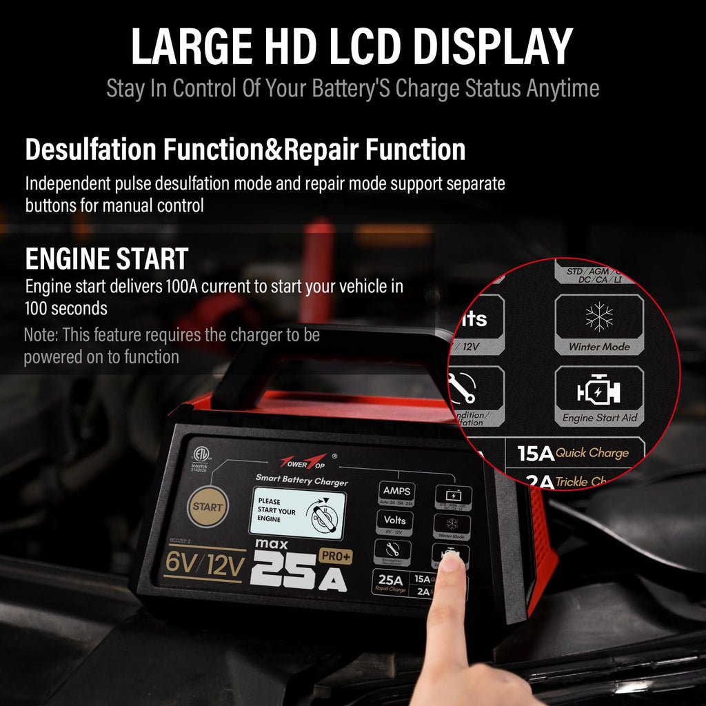 25A Pro+ Battery Charger 6V 12V Automatic Maintainer Engine Start Desulfator Repair for Lead Acid AGM LiFePO4