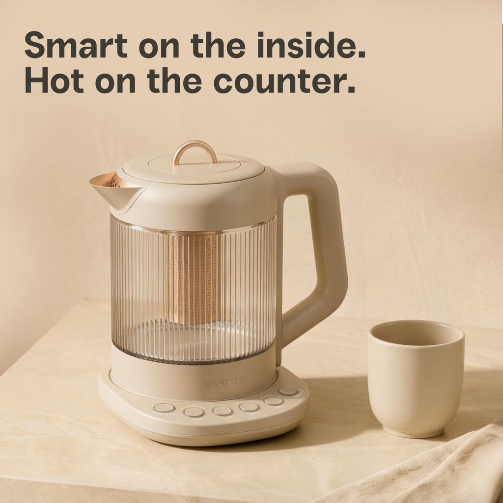 Nina electric tea kettle infuser 1.5L borosilicate glass 304 steel 4 temp presets no plastic contact beige