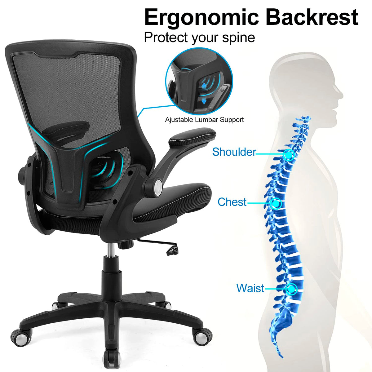 Ergonomic Office Chair PU Leather Mesh Back Lumbar Support Flip Up Arms Swivel Executive Desk Chair
