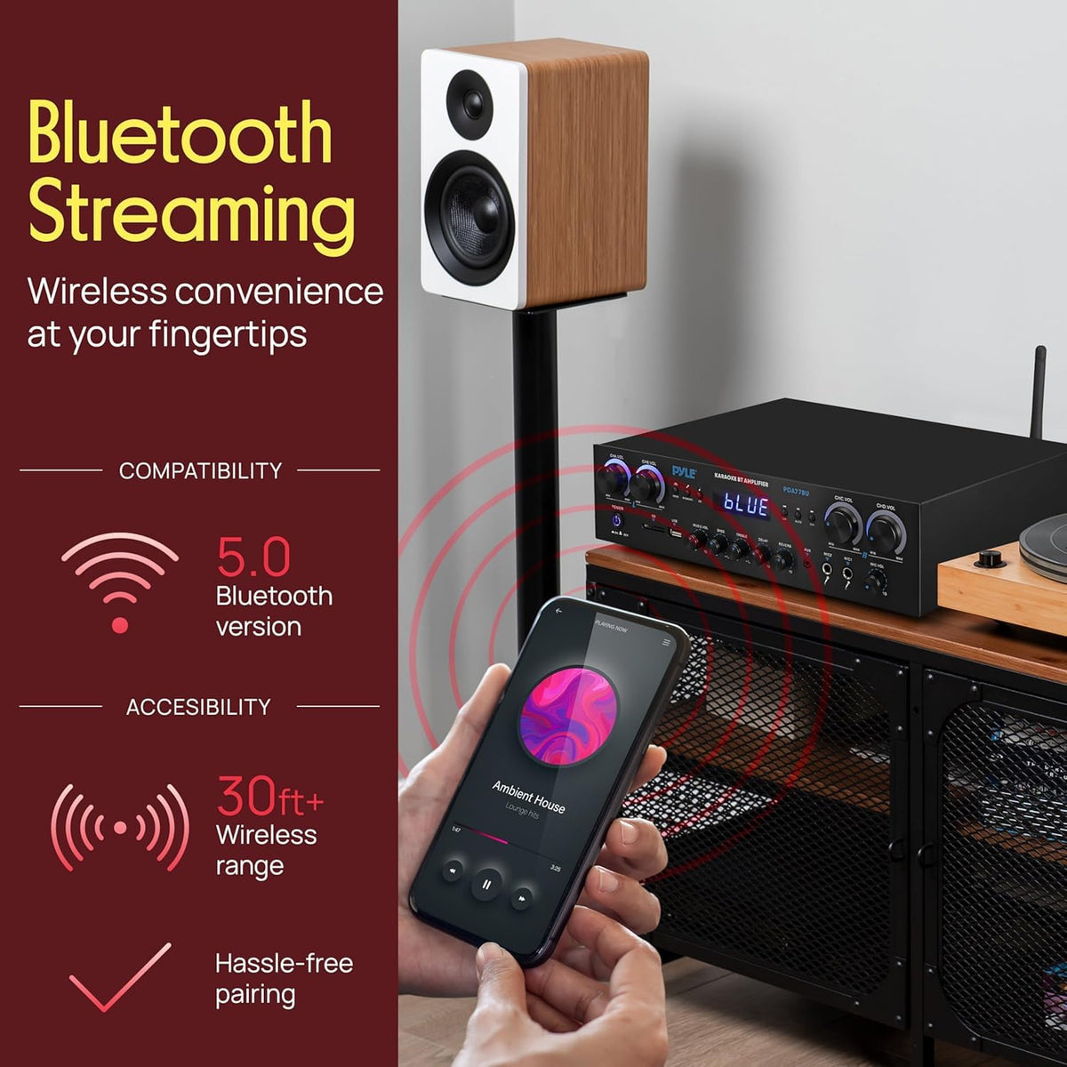 Bluetooth Home Stereo Receiver 4 Channel 800W Amplifier USB MP3 Karaoke Mic Vol Reverb Delay RCA SD FM PDA77BU