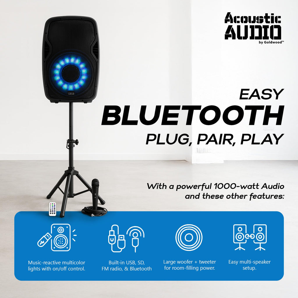 1000W Bluetooth PA Speaker with LED Lights Microphone and Stand Portable Wireless Sound System