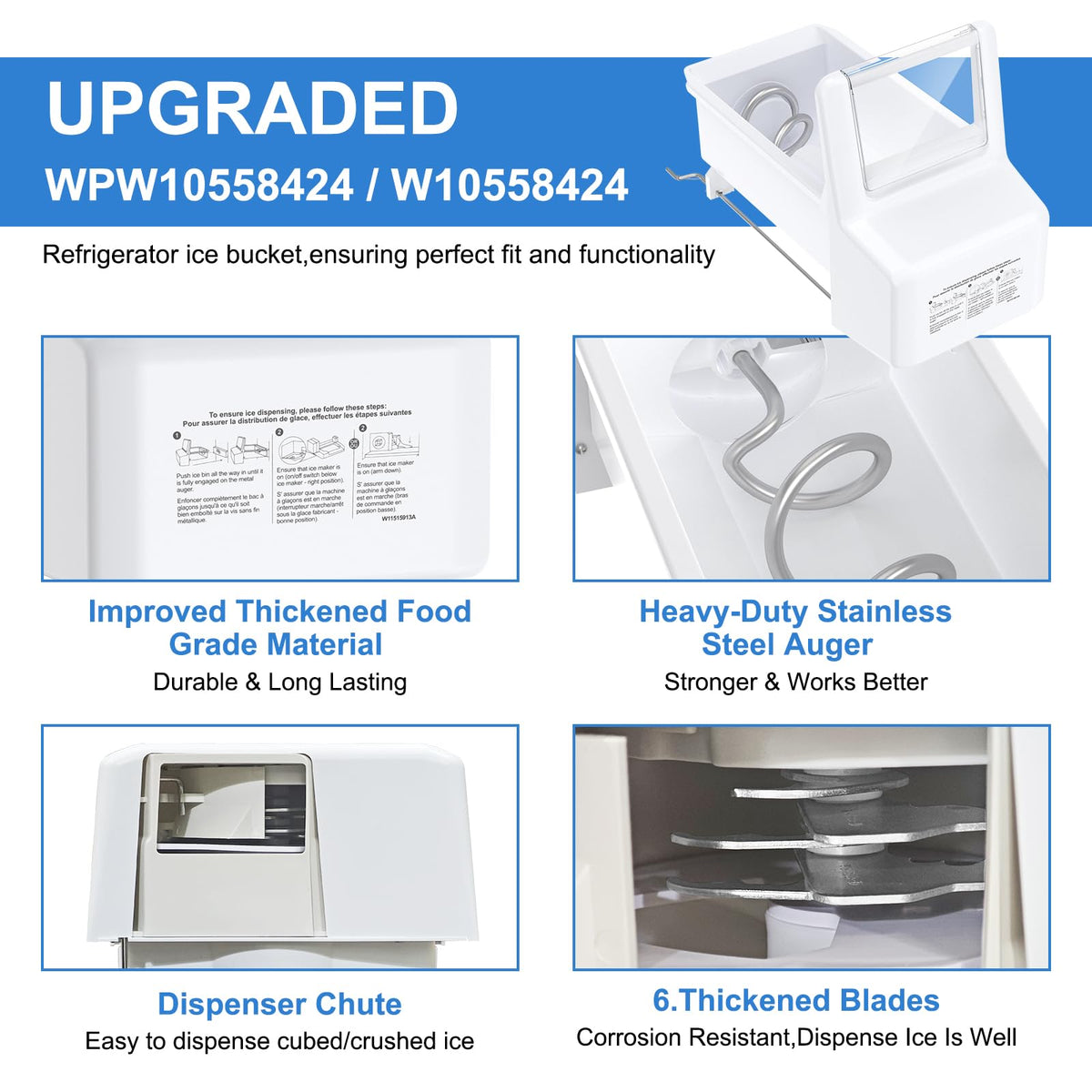 Upgraded WPW10558424 W10558424 WRS321SDHZ01 WRS321SDHZ05 WRS321SDHZ08 fridge ice bucket ice bin replacement