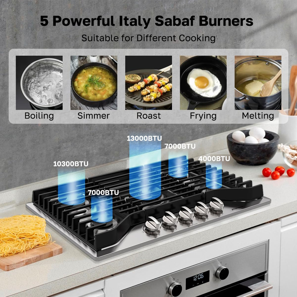 Heavy 30 Inch Gas Cooktop 5 Sabaf Burners 304 Stainless Steel Built In NG LPG Convertible Thermocouple