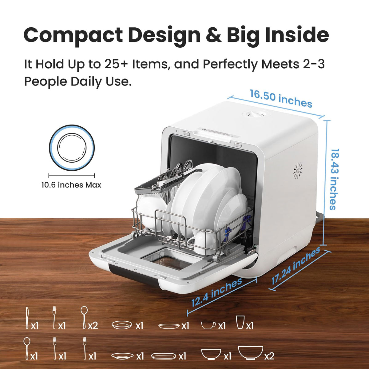 Countertop portable dishwasher 6L built in water tank 7 programs UV hygiene auto door open for apartments RVs