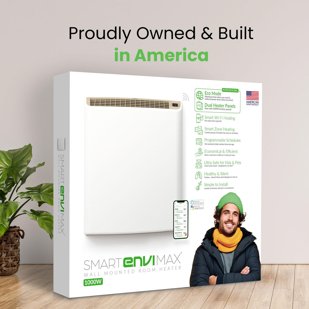 1000W Wi Fi Plug In Electric Wall Heater Energy Efficient Large Room App Control Thermal Shut Off