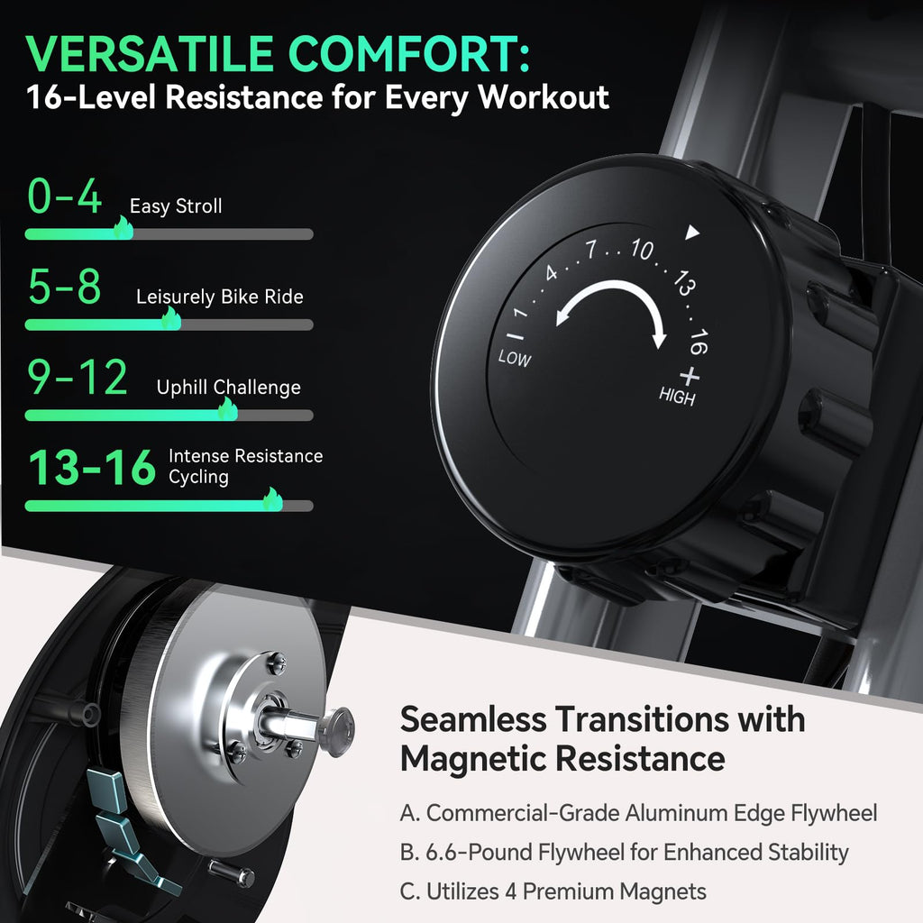 Foldable Exercise Bike 5 in 1 Workout Bike 16 Level Quiet Magnetic Resistance 6.6 lbs Flywheel 300 lb Capacity