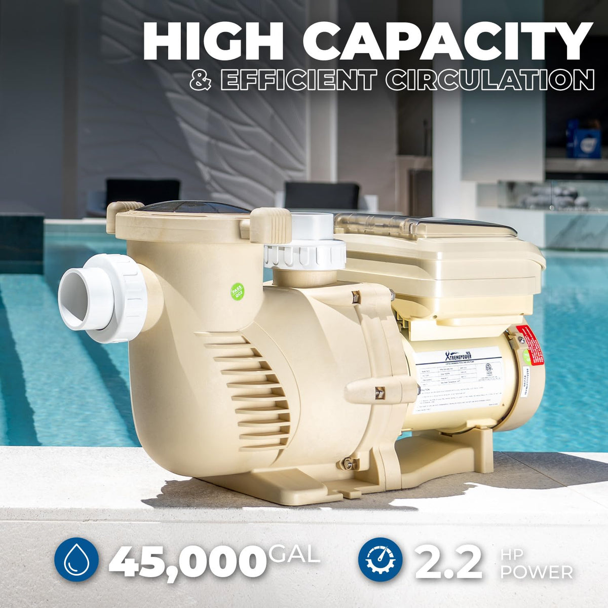 SuperFlow variable speed high flo pool pump inground 230V 1.5 and 2 inch adapter built in timer 2.2 horsepower