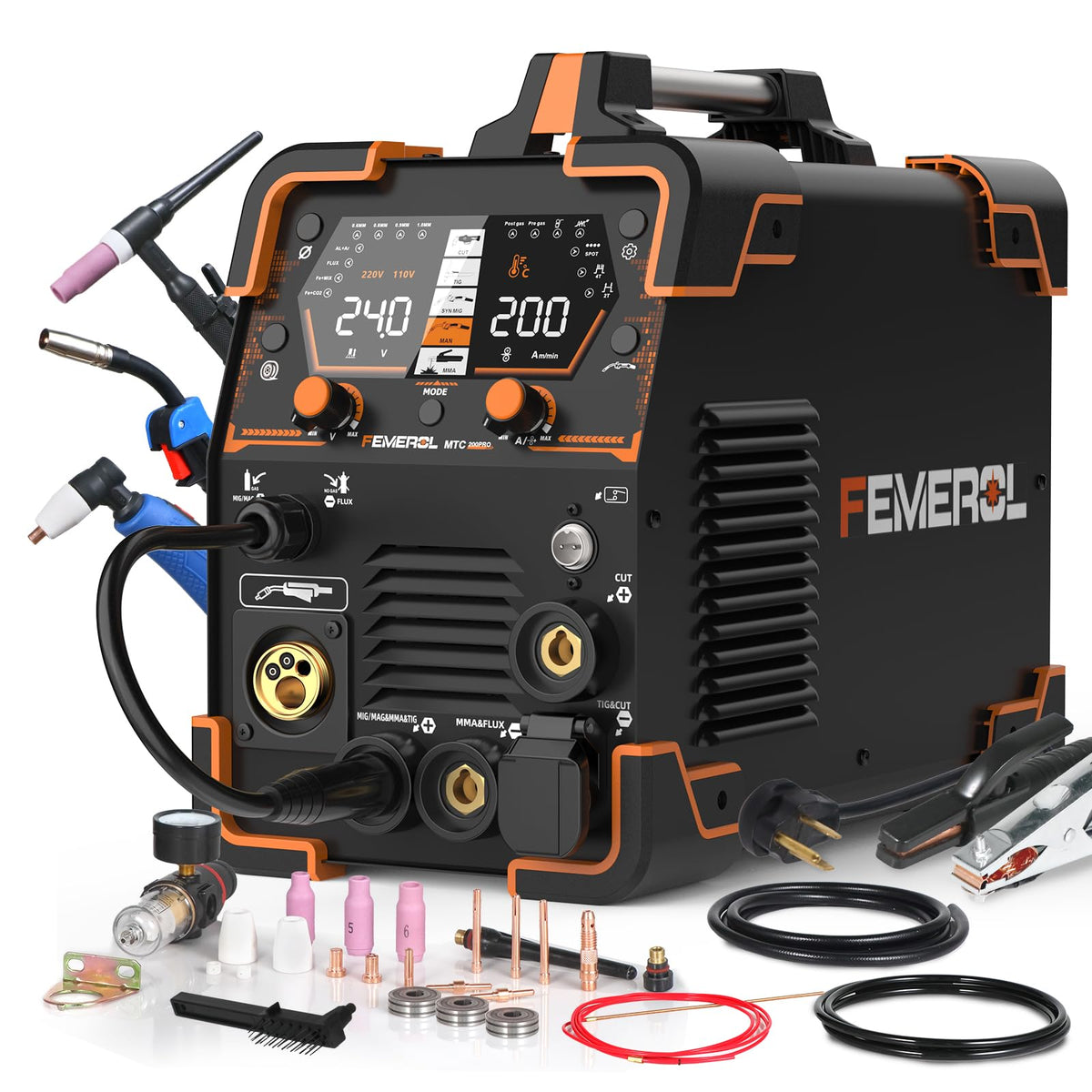 200A 6 in 1 Plasma Cutter Welder Gas MIG Gasless MIG HF TIG Stick Cut Spot Aluminum 110 220V Dual Voltage