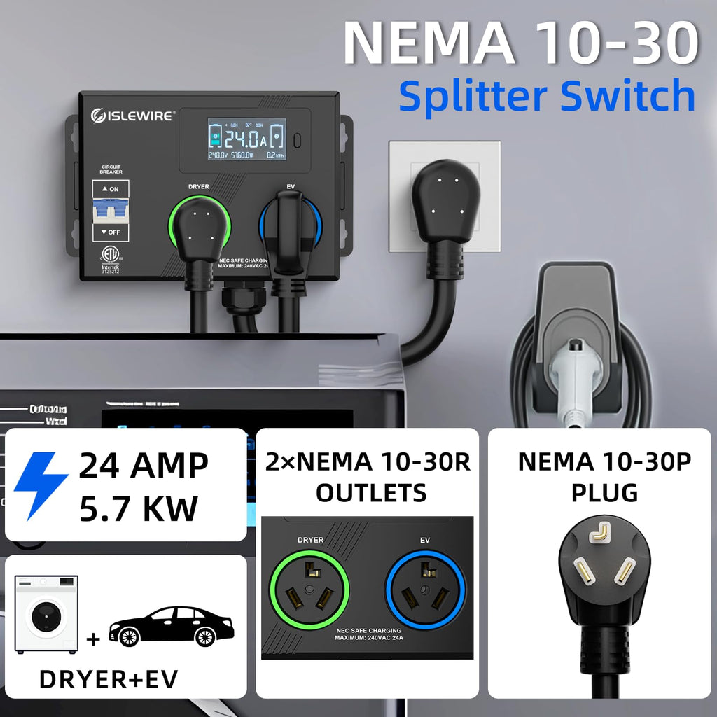 Smart Dryer Splitter EV Dryer 240V Auto Power Switch 3 Color LED 3.4 in LCD No Rewiring ETL 24 amp NEMA 10-30