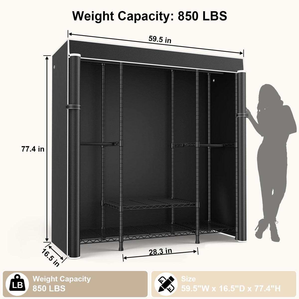 Heavy duty portable closet wardrobe with black fabric cover storage organizer for bedroom dorm